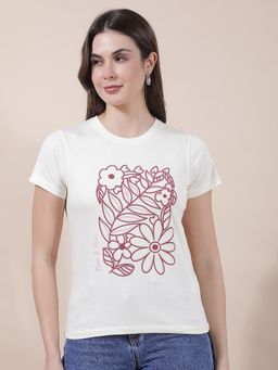 Cantabil - Women Off White Printed Polycotton T-Shirt