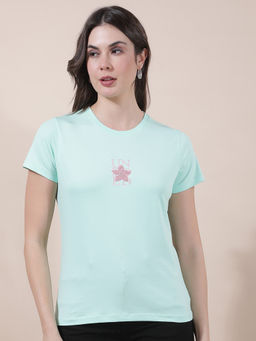 Cantabil - Women Green Embroidered Polycotton T-Shirt