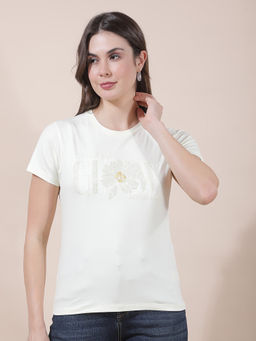 Cantabil - Women Yellow Embellished/Sequined Polycotton T-Shirt