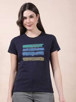 Cantabil - Women Blue Printed Polycotton T-Shirt