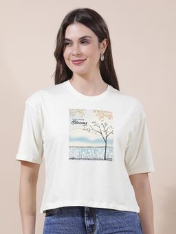 Cantabil - Women Yellow Printed Polycotton T-Shirt
