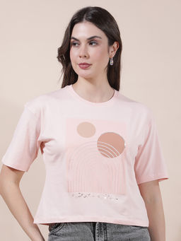 Cantabil - Women Peach Printed Polycotton T-Shirt
