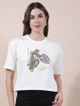 Cantabil - Women Off White Embellished/Sequined Polycotton T-Shirt