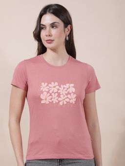 Cantabil - Women Pink Floral Polycotton T-Shirt