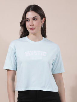 Cantabil - Women Blue Textured Polycotton T-Shirt