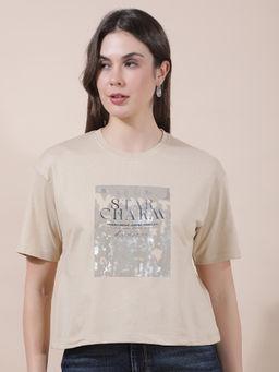 Cantabil - Women Beige Printed Polycotton T-Shirt