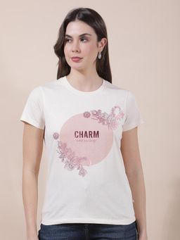 Cantabil - Women Beige Printed Polycotton T-Shirt
