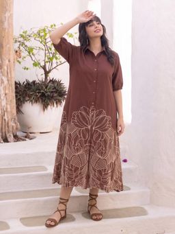 ZUMMER - Women Brown Embroidered Cotton Dress