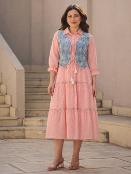 ZUMMER - Women Peach Self Design Cotton Dress with Jacket