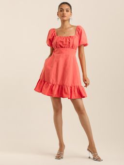 Label Ritu Kumar - Women Orange Solid/Plain Cotton Linen Dress