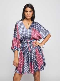 Label Ritu Kumar - Women Multi-Color Checks Satin Dress with Belt
