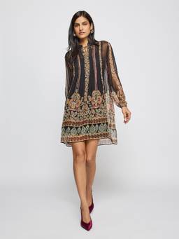 Label Ritu Kumar - Women Black Floral Chiffon Dress with Camisole