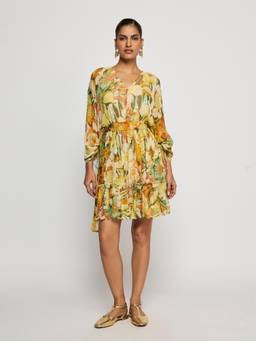 Label Ritu Kumar - Women Yellow Floral Chiffon Dress