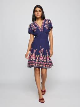 Label Ritu Kumar - Women Navy Blue Floral Crepe Dress
