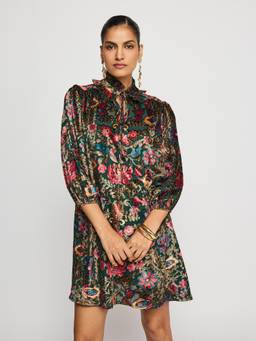 Label Ritu Kumar - Women Multi-Color Floral Viscose Blend Dress with Camisole