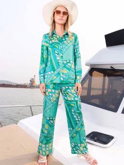 ZUMMER - Women Blue Printed Polyester Shirt with Pant