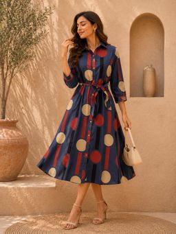 Vastramyaa - Women Navy Blue Printed Cotton Dress with Belt