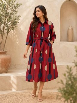 Vastramyaa - Women Maroon Printed Cotton Dress with Belt