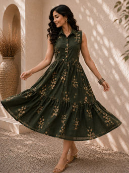 Vastramyaa - Women Olive Floral Cotton Dress