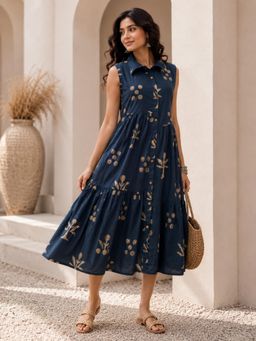 Vastramyaa - Women Navy Blue Printed Cotton Dress