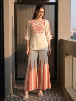 ZUMMER - Women Off White Embroidered Pure Cotton Top with Pant