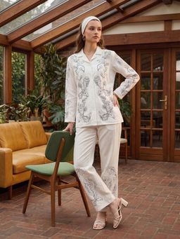 ZUMMER - Women Off White Embroidered Cotton Shirt with Pant