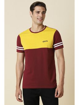 Allen Solly - Men Maroon and Yellow Colorblock Crew Neck T-Shirt