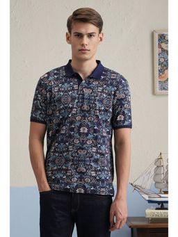 Louis Philippe - Men Navy Printed Polo Neck T-Shirt