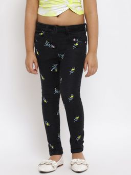 Tales & Stories - Girls Black Cotton Lycra Embroidered Jeans