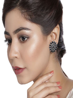 Accessher - Oxidized Silver Fancy Small Black Stud Earrings For Women And Girls