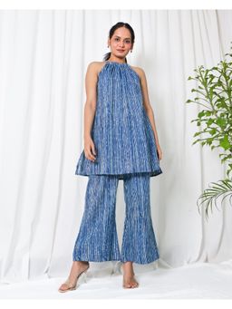 Sivaka India - Blue Stripes Print Kantha Cotton Kurta & Pant (Set of 2)