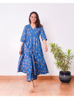 Sivaka India - Blue Gathered Cotton Kurta & Pant (Set of 2)