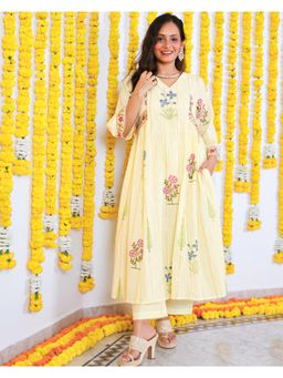 Sivaka India - Yellow Handblock Print Cotton Lurex Kurta & Pant with Slip (Set of 3)