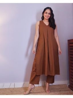 Sivaka India - Brown A-Line Cotton Kurta & Pant (Set of 2)
