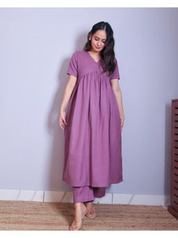Sivaka India - Purple Gathered A-Line Cotton Flex Kurta & Pant (Set of 2)