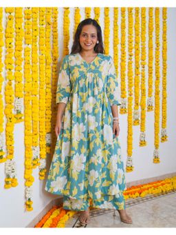 Sivaka India - Blue Floral Print A-Line Cotton Kurta with Palazzo (Set of 2)