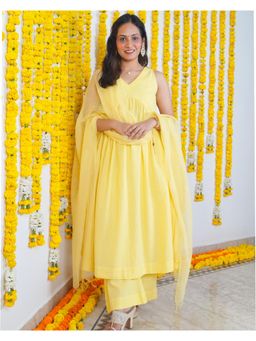 Sivaka India - Yellow Kantha Cotton Embroidered Kurta with Palazzo & Dupatta (Set of 3)