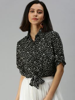 SHOWOFF - Women Shirt Collar Polka Dots Black Regular Top