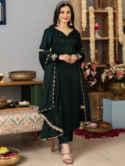 Lavanya The Label - Bottle Green Apricot Kurta (Set of 3)