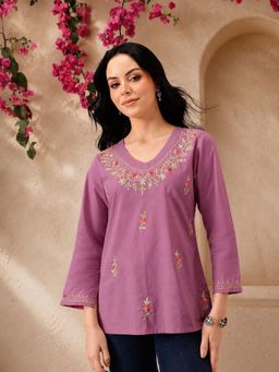 QAZMI - Women Pure Cotton Aari Work V-Neck Full Sleeves Kurti