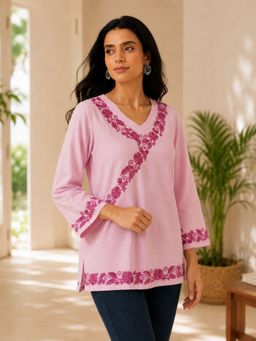 QAZMI - Aari Work Viscose Rayon V-Neck Full Sleeves Kurti