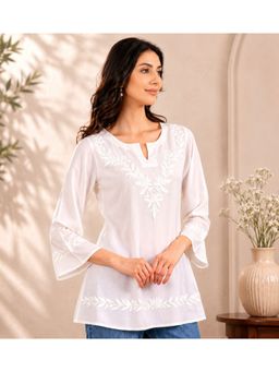 QAZMI - Women Kashmiri Aari Embroidered Viscose Rayon A-Line Short Kurti with Bell Sleeves