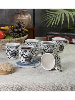 CDI - White Floral Printed Set of 6 Mugs with Wooden Tray
