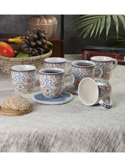 CDI - White Ethnic Print Set of 6 Mugs with Wooden Tray