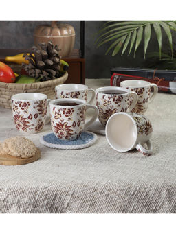 CDI - White Floral Print Set of 6 Mugs with Wooden Tray