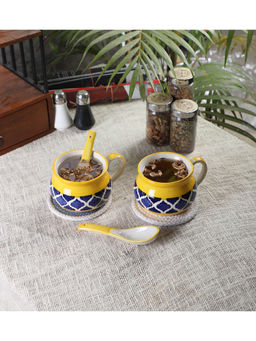 CDI - Blue Geometric Set of 2 Soup Mugs with 2 Spoons and Wooden Tray
