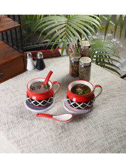 CDI - Red Geometric Set of 2 Soup Mugs with 2 Spoons and Wooden Tray