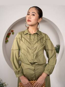 KHAMNA - Olive Reverie Lace Detail Modal Shirt