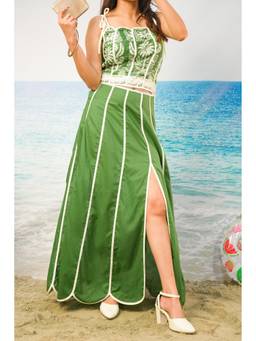 KHAMNA - Green Kavya Cotton Cambric Scalloped Maxi Skirt
