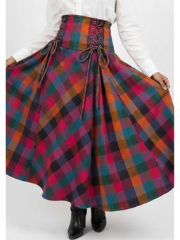 KHAMNA - Multi-Color Ashna Madras Check Flared Skirt